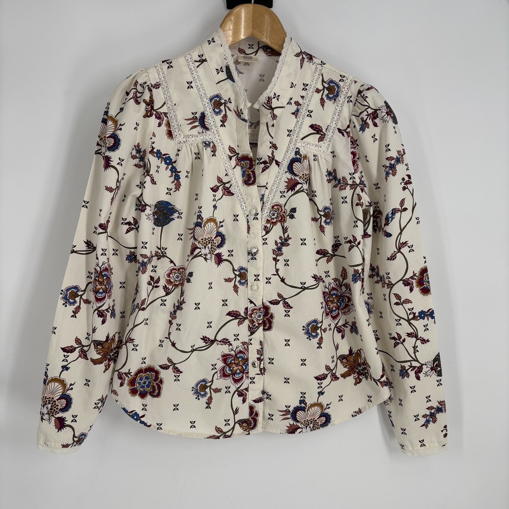 Good Hart Blouse Womens Small Ivory Floral Print Lace Trim Button Up Boho Shirt